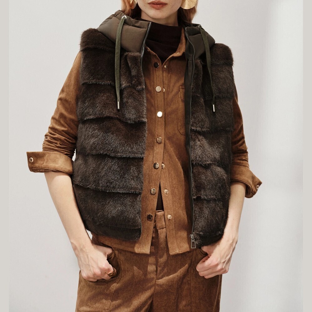 Olive Brown Faux Fur Hooded Zip Front Sleeveless Puffer Vest